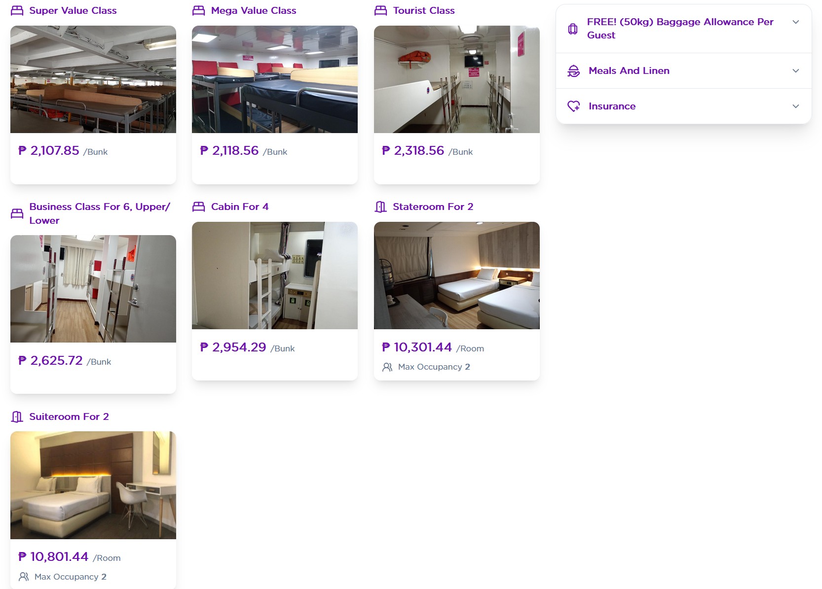 2Go ferry rates accommodations